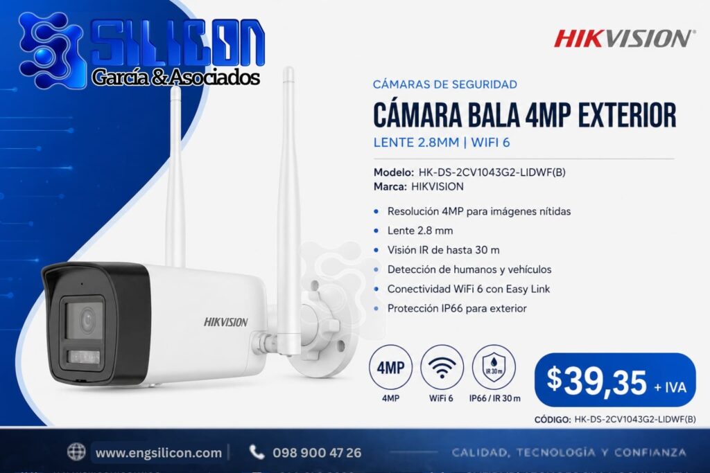 Cámara bala 4MP EXTERIOR | LENTE 2.8MM | IR 30M | DETECCION HUMANOS Y VEHICULOS | WIFI6 | IP66 EASY LINK