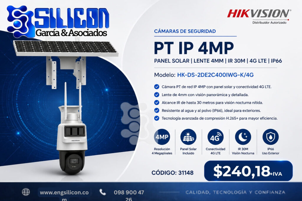 Cámara PT IP 4MP | PANEL SOLAR | LENTE 4MM | IR 30M | 4G LTE | IP66