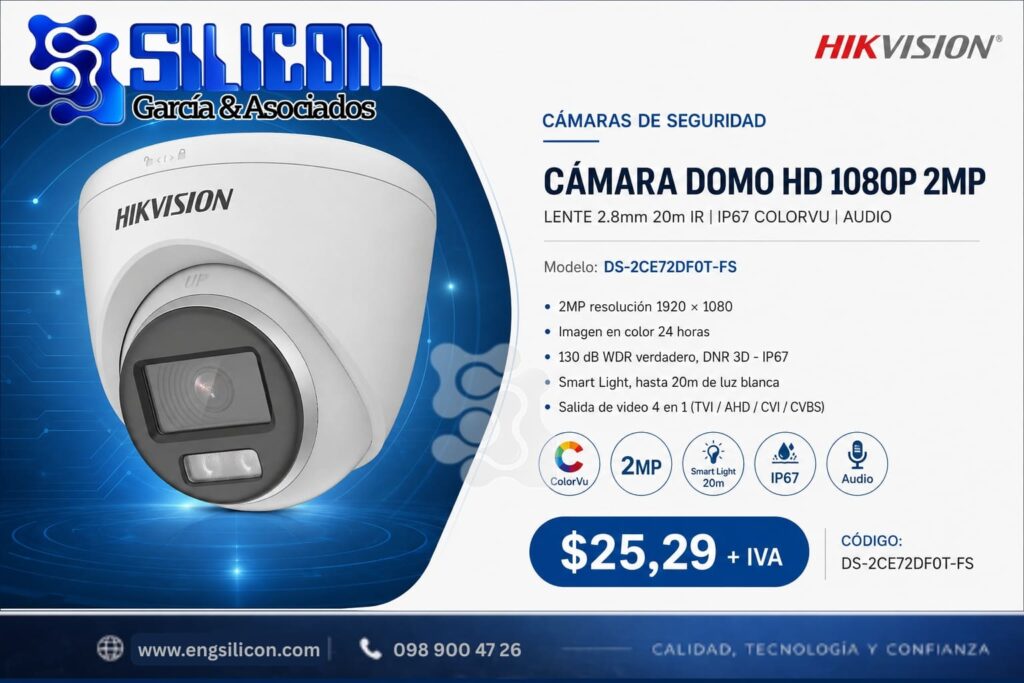 Cámara Domo HD 1080P 2MP | LENTE 2.8mm 20m IR | IP67 COLORVU | AUDIO