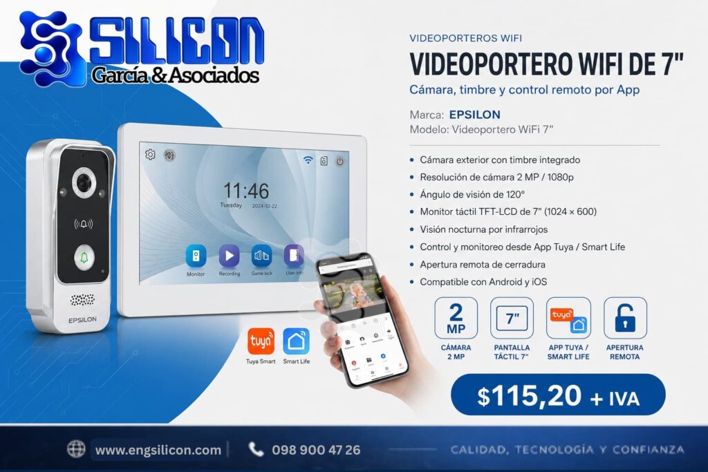 Videoportero WiFi Epsilon de 7″ con cámara, timbre y control remoto mediante App