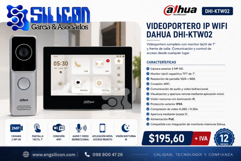Videoportero IP WiFi Dahua DHI-KTW02 con monitor táctil de 7″ y frente de calle
