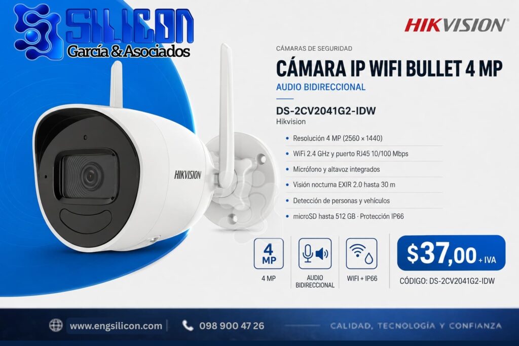 Cámara IP WiFi Bullet Hikvision DS-2CV2041G2-IDW de 4 MP con audio bidireccional
