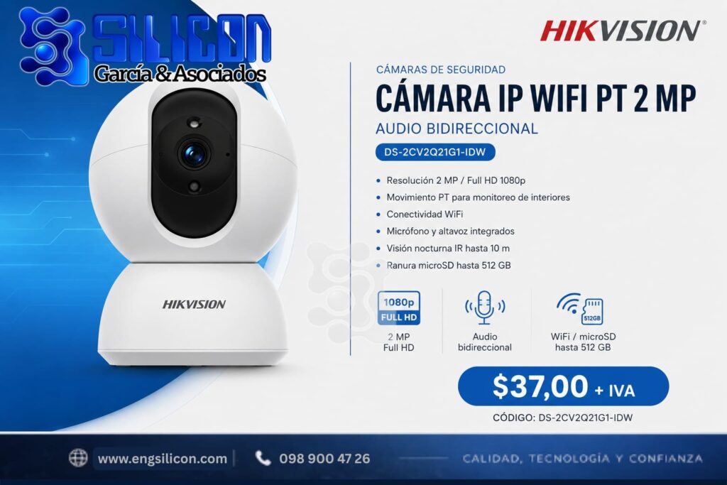 Cámara IP WiFi PT Hikvision DS-2CV2Q21G1-IDW de 2 MP con audio bidireccional