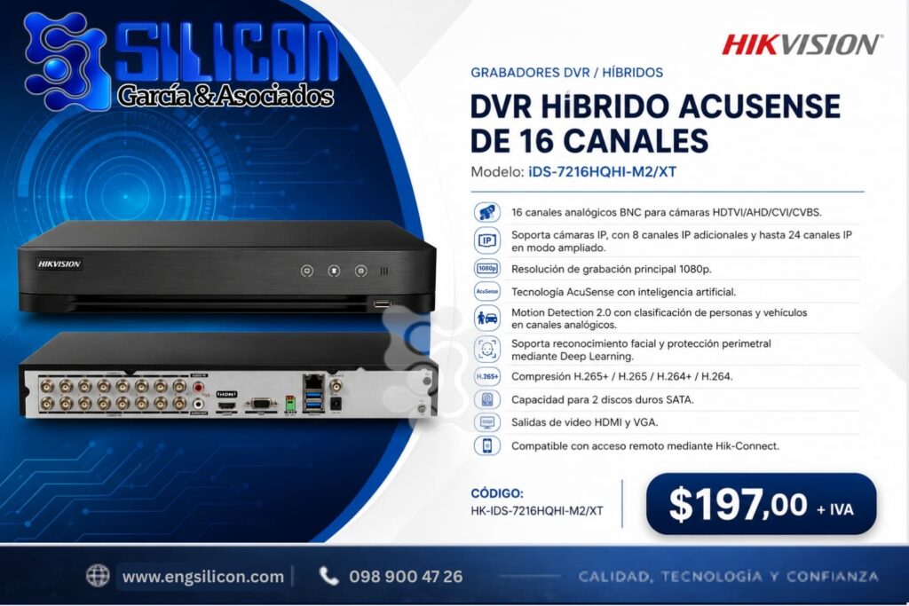 DVR híbrido AcuSense Hikvision iDS-7216HQHI-M2/XT de 16 canales