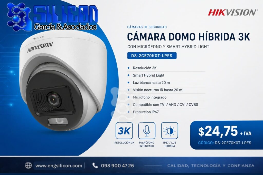 Cámara domo híbrida Hikvision DS-2CE70K0T-LPFS 3K con micrófono y Smart Hybrid Light