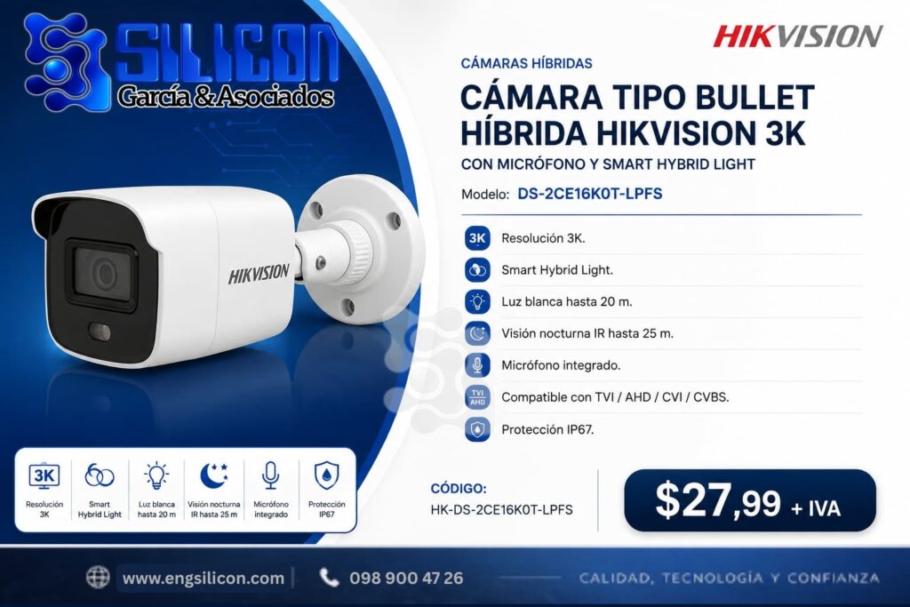 Cámara tipo bullet híbrida Hikvision 3K con micrófono y Smart Hybrid Light